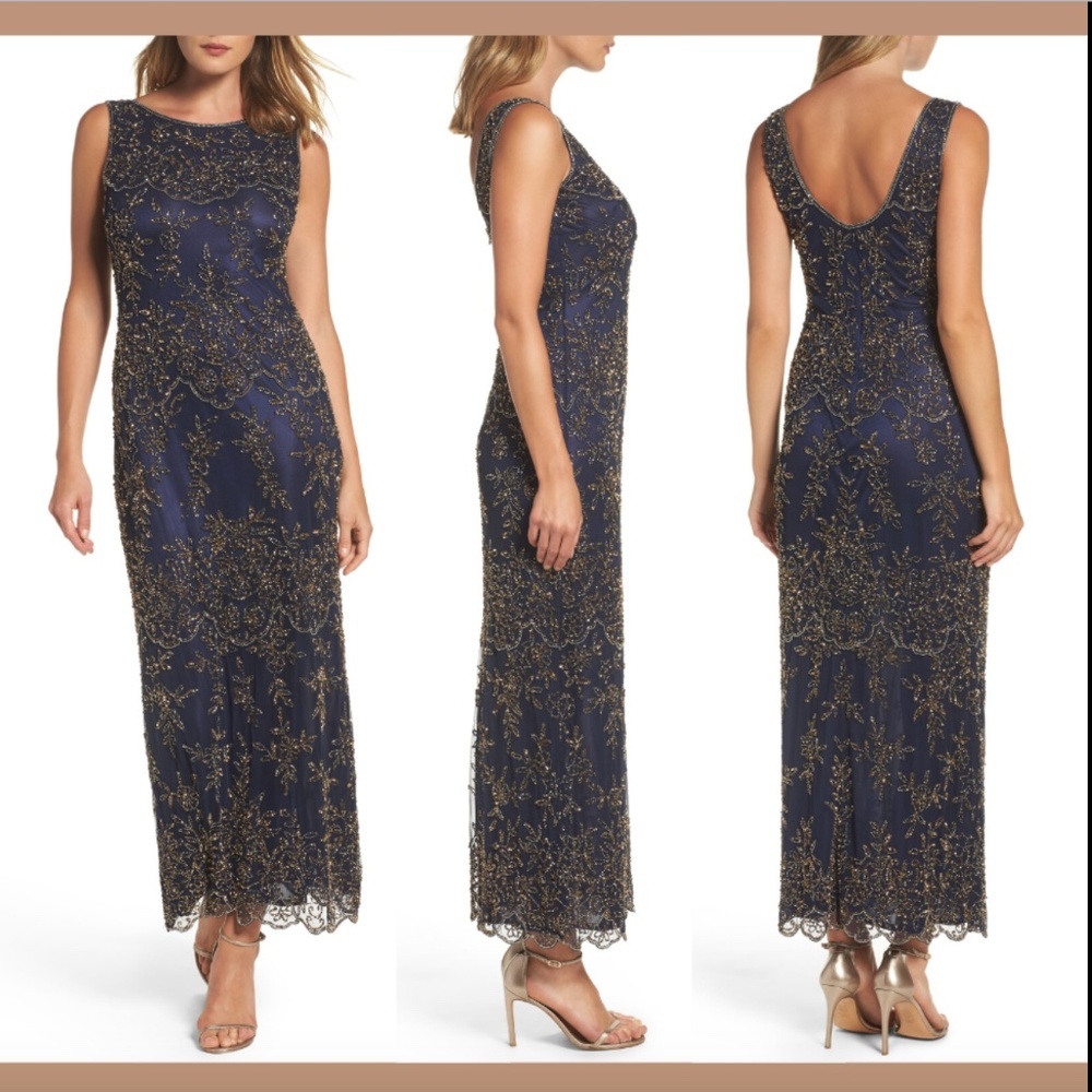 NWT $228 Pisarro Nights Embellished Mesh Gown in Navy Gold [SZ 6 ]‎